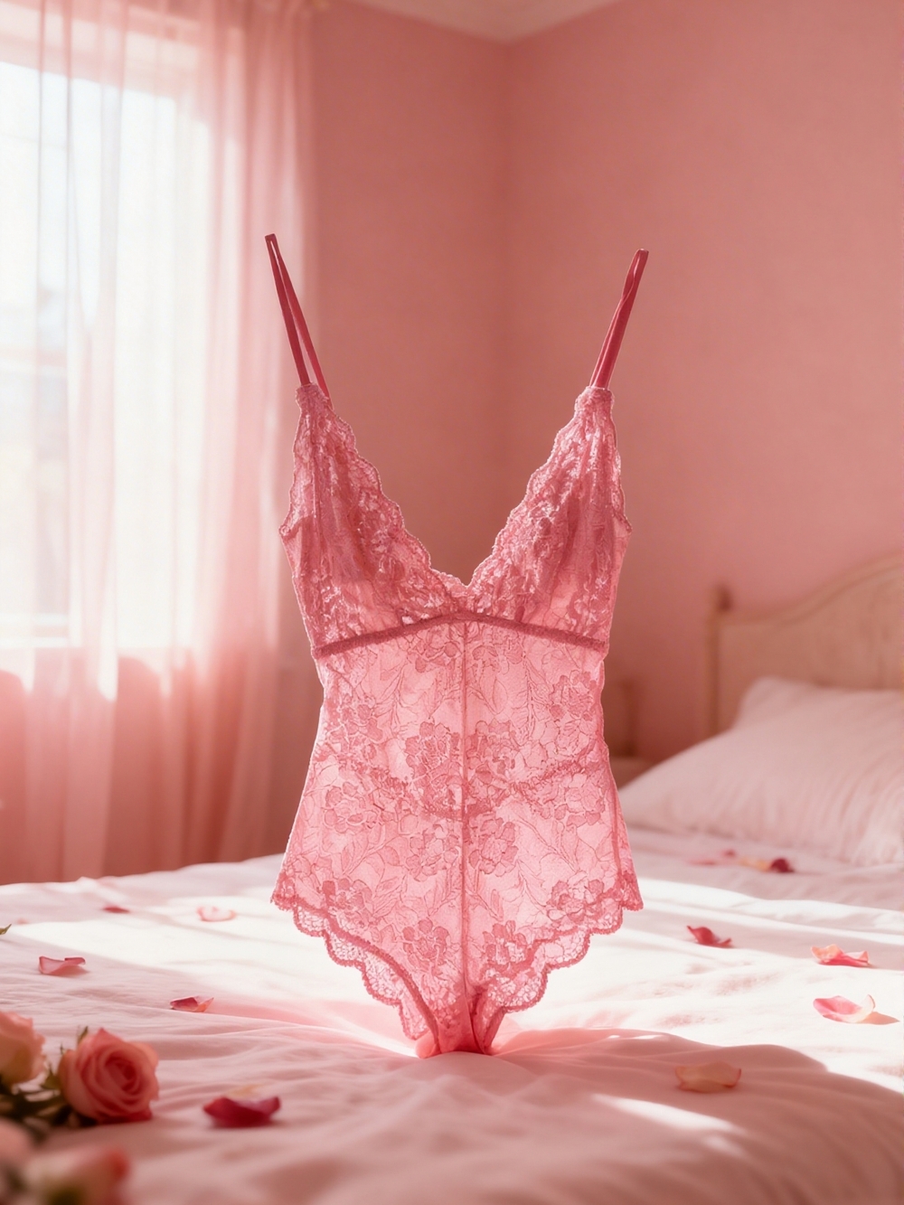 Lace V-Neck Bodysuit in Pink